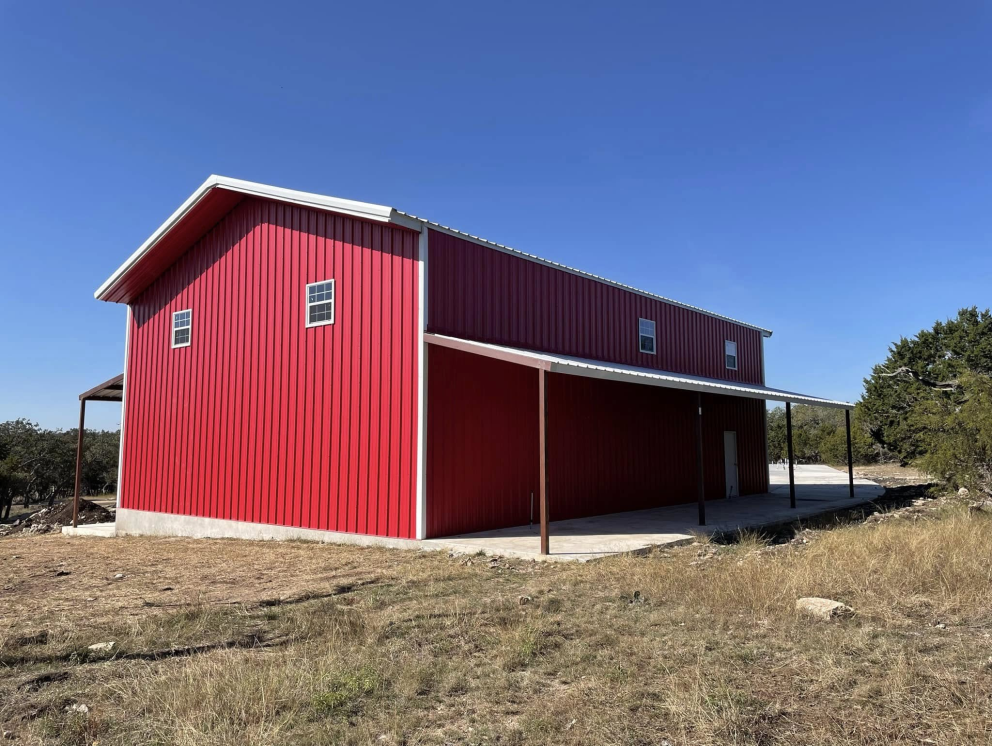 A barndominium with red walls