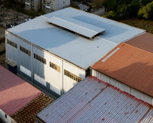 Aerial view of commercial metal buildings