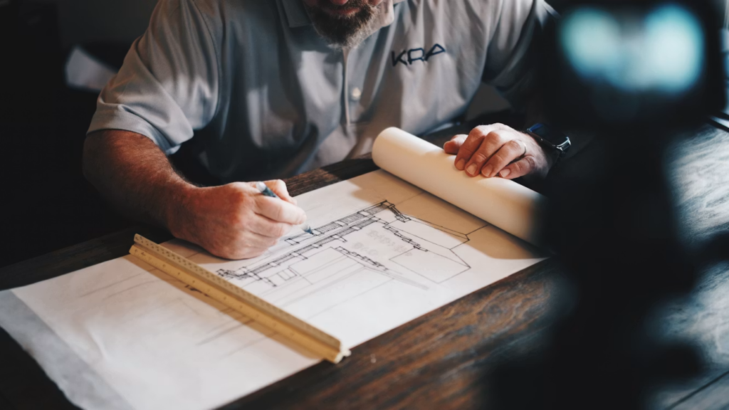 A person working on construction plans.