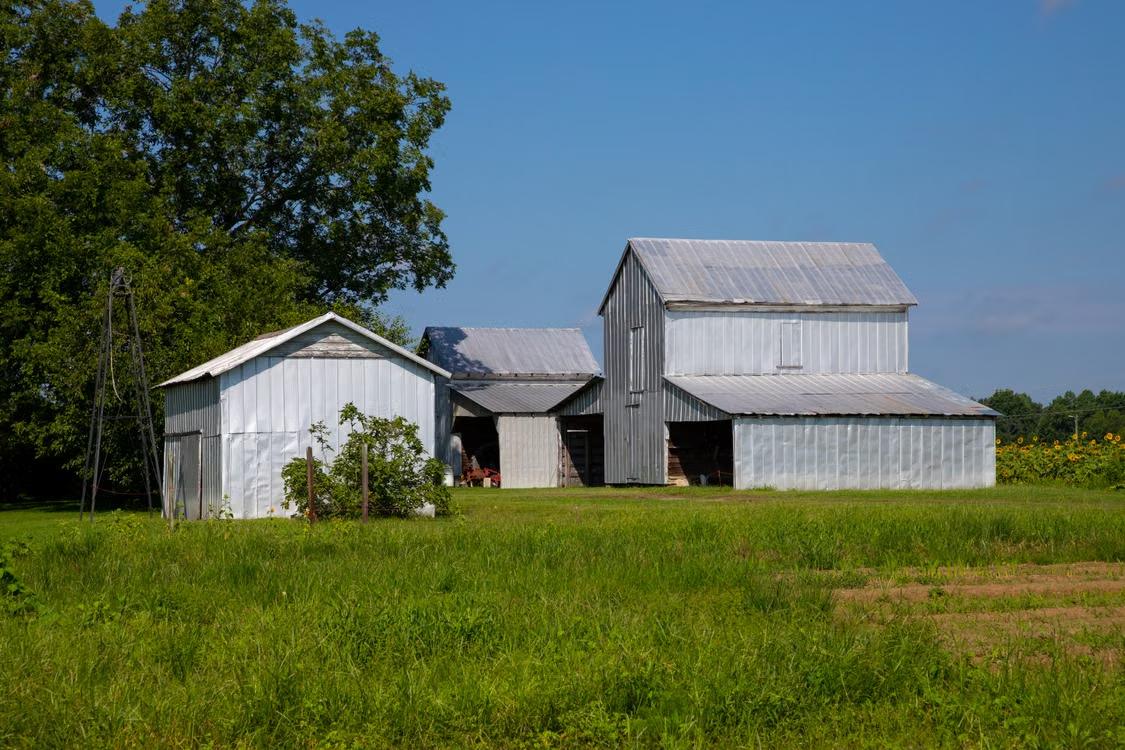 barns and outhouses on a farm made of metal