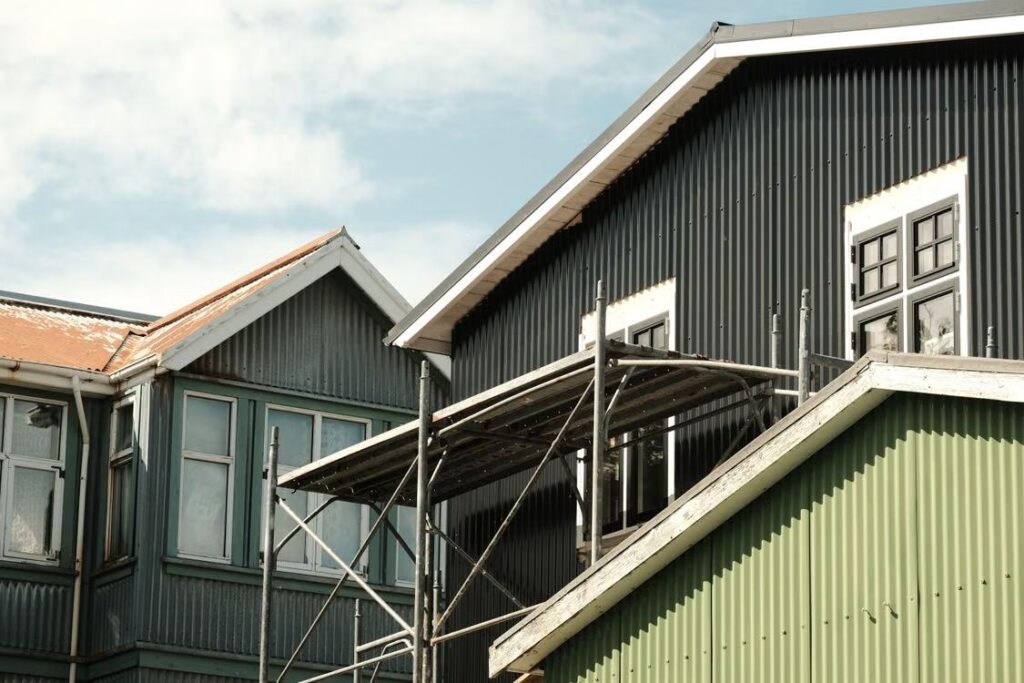 A large house with metal building components.